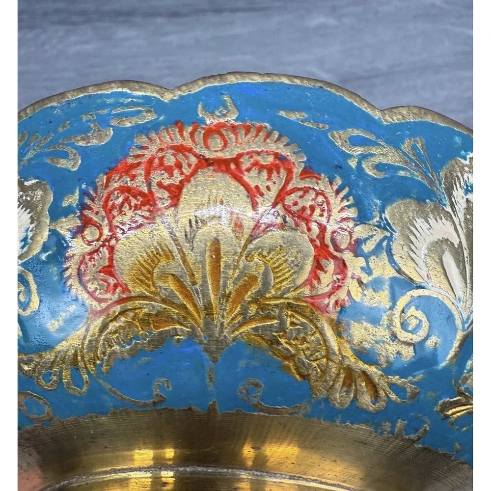 Vtg Brass‎ or Plated Bowl Trinket Dish w/ Peacock Floral Design India Scalloped